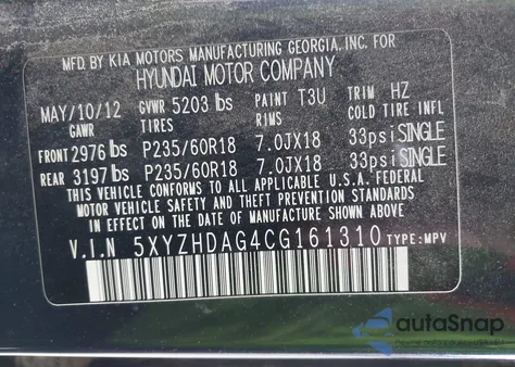 2012 Hyundai Santa Fe Se z USA, uszkodzony, nr VIN 5XYZHDAG4CG161310